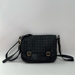 Divina Firenze Black Woven Leather Handmade Flap Buckle Crossbody Bag